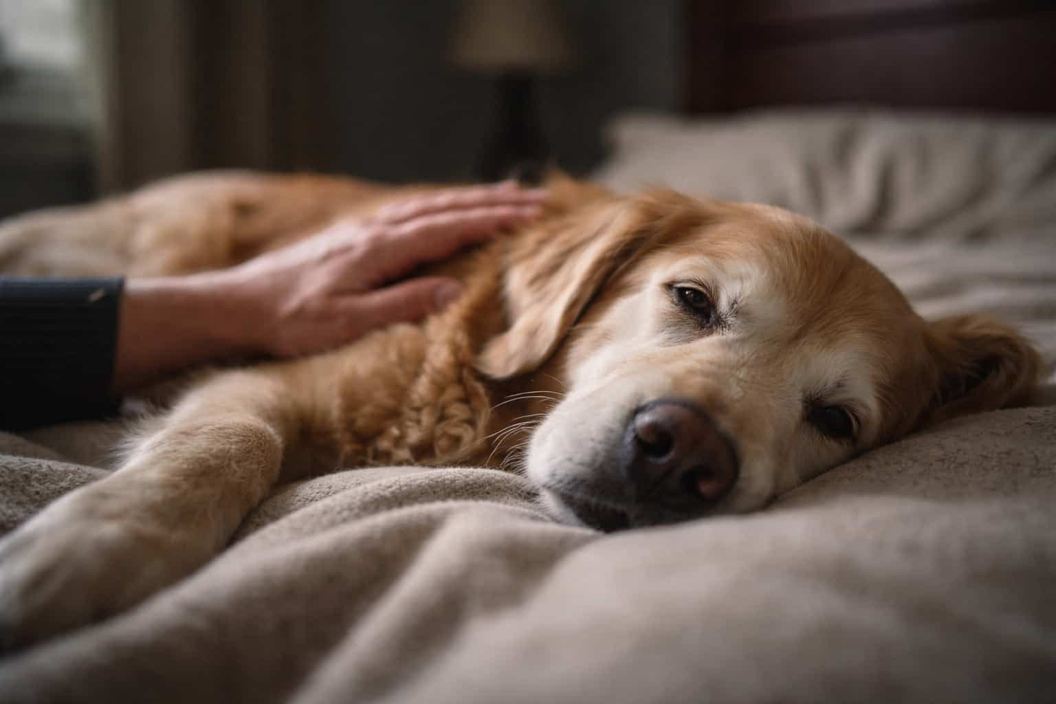 An elderly dog rests quietly as its owner watches, showing the peaceful tension between holding on and saying goodbye