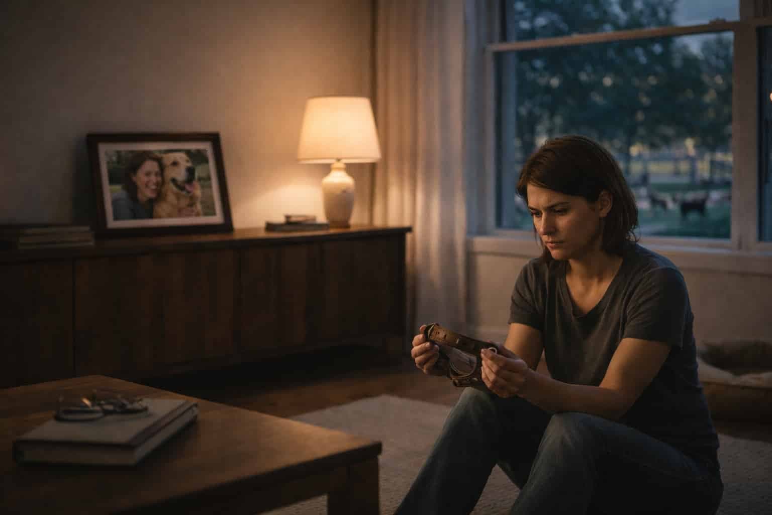 Someone holds an old dog collar while watching dogs play outside, wanting that joy again but scared of the next goodbye.