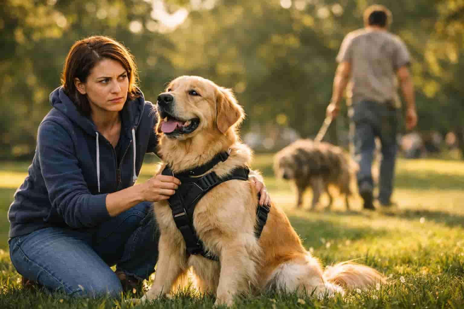 A person comforts their own dog while quietly seething at how carelessly other people treat theirs.