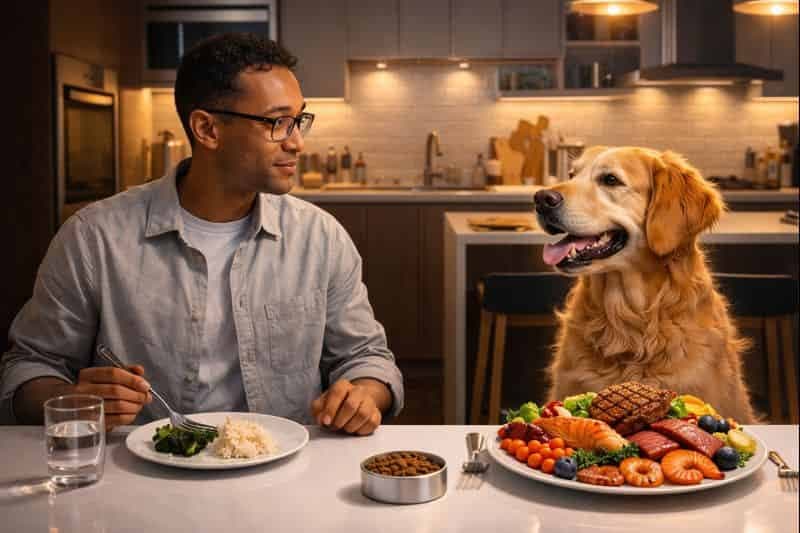 A dog eating a gourmet meal while its owner has a smaller, simple plate of food at a modern kitchen table.